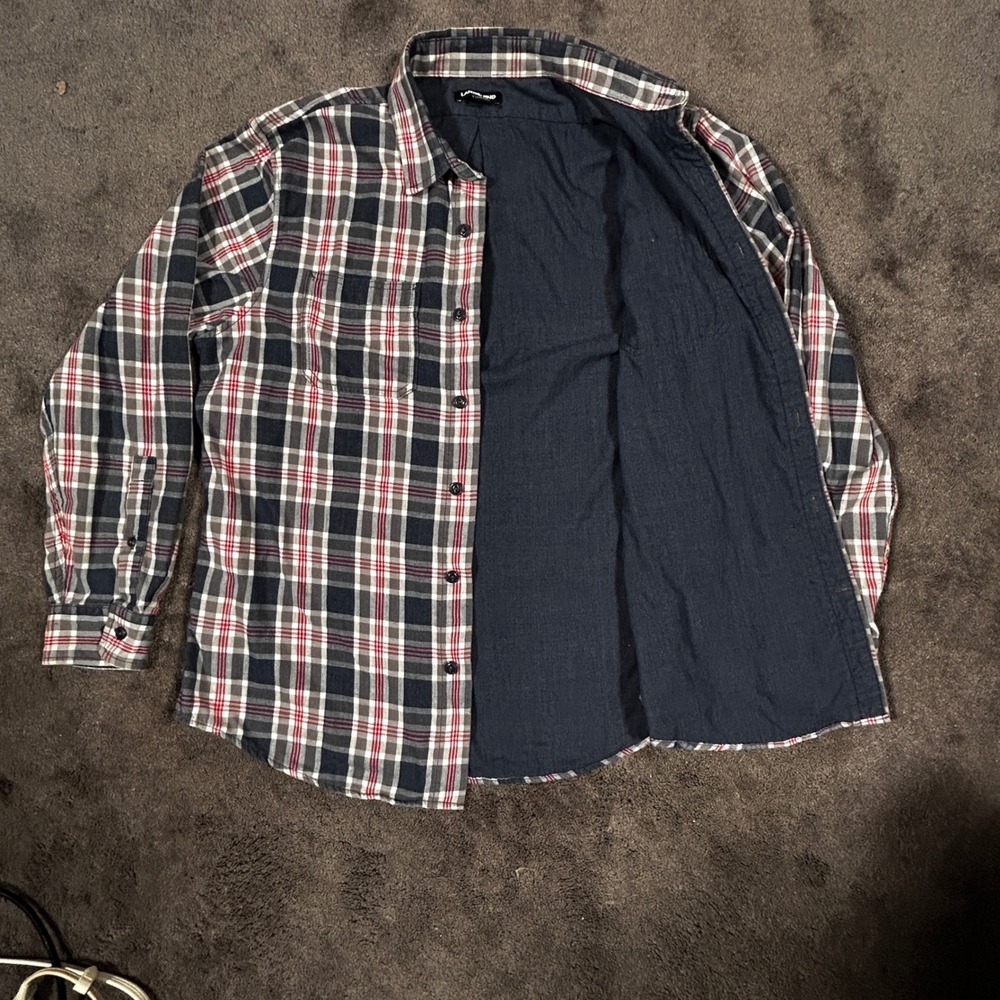 Lands End Mens Large Plaid Flannel Shirt Navy Blue Red Traditional Fit L-42"-44"